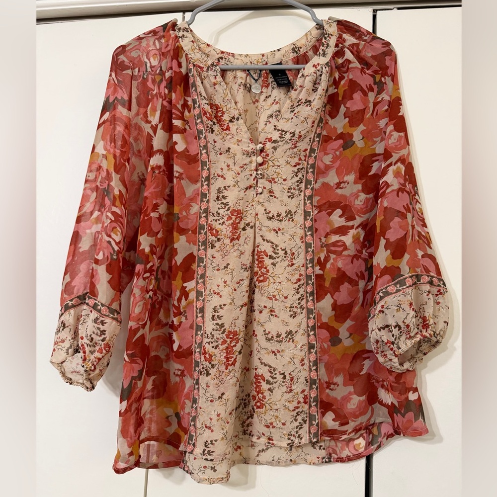 BKE Buckle Floral Sheer Red Peasant Blouse